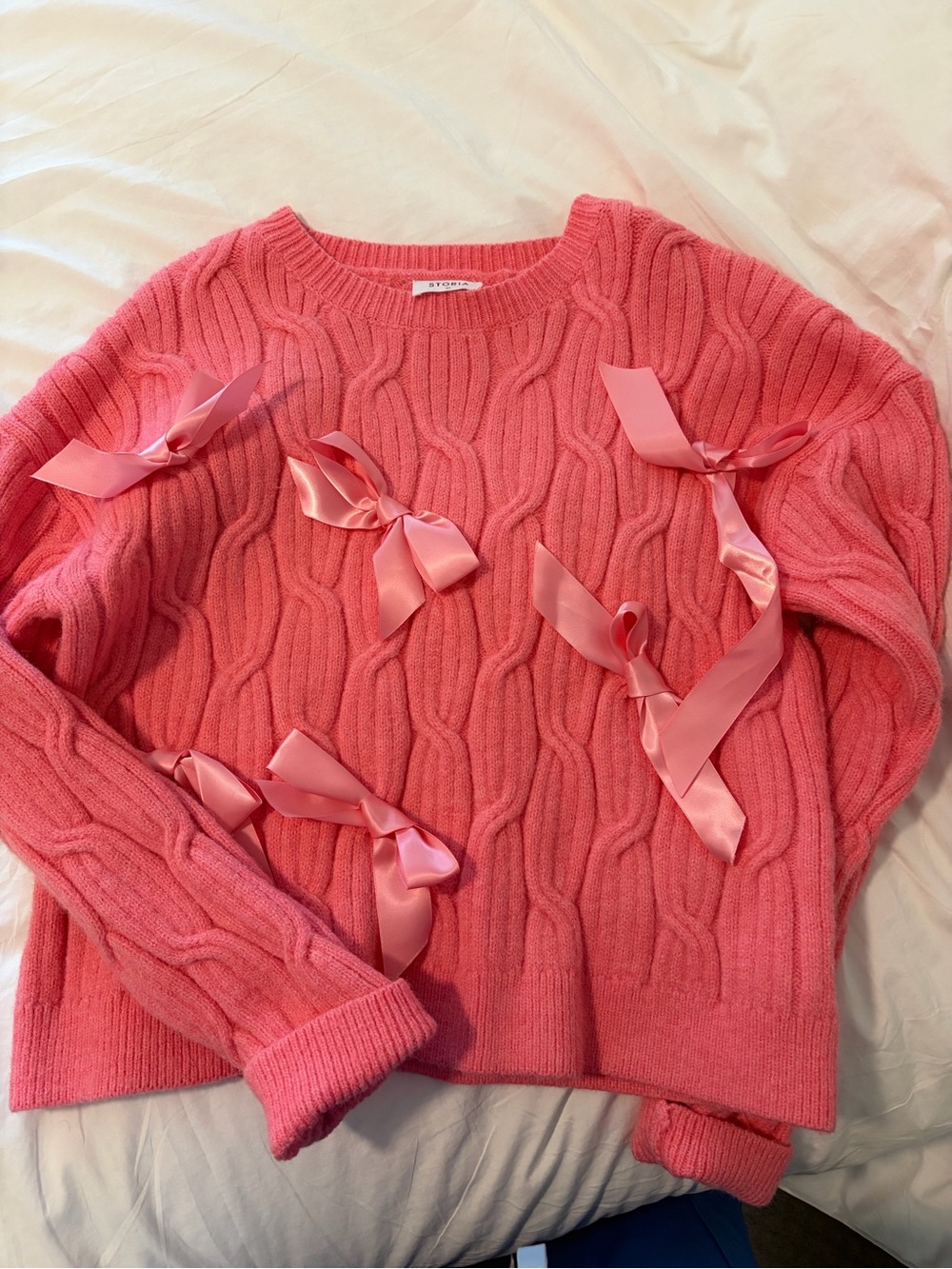 Storia Pink Cable Knit Sweater with Satin Bows